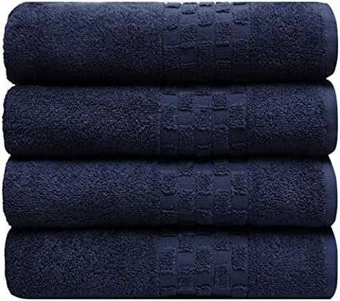 Комплект хавлиени кърпи Pleasant Home с карирана ивица - 4 опаковки – 28 x 55 - памук - 520 ГОРИВО – Леки, по-меки и абсорбиращи – Трайни (Тъмно синьо, с кариран кант)