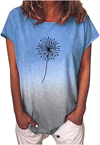 Женска Тениска с Къс Ръкав и Кръгло Деколте, Памучен Тениска с Флорални Принтом под формата на Глухарче, Дамски MS