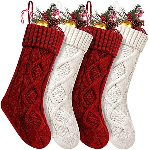 Fesciory 4 Опаковане на Коледни Чорапи 18 См Голям Размер, Вязаный Отглеждане на Дантела, Подаръци и Декорации за