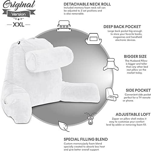 Комбинирана възглавница за съпруга си - Възглавница с облегалка и подлакътници: XXL Бяла и поставка за легла на колене: Сиво