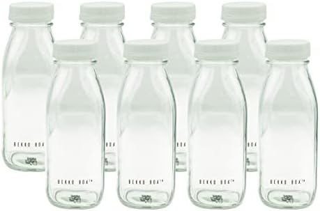 Bekko Box [8 Опаковки Стъклени бутилки за сок с 2 капаци - Пътни банки за пиене обем 16 унции, Чаши за вода с бели