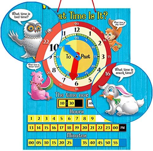 Обучителни часове ZazzyKid Tell Time за деца: Дъска с размер на 12,6 х 16,5 инча с магнитни игрални фигури