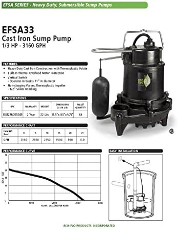ЕКО-FLO Products EFSA33 Чугун Дренажна помпа мощност 1/3 с. л. 3160 гр/ч, с Вертикална ключа, Черен