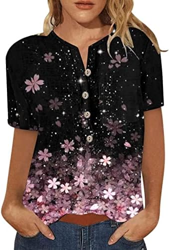 Дамски Блузи на Размера на Плюс С Къс ръкав и V-образно деколте, Копчета, Върхове с Принтом Листа, Блузи Свободно, Намаляване, Графични Тениски