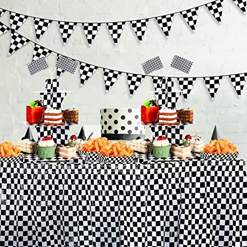 Клетчатая Поставка за кексчета за състезателна партита и 30 бр Хартия Тави за хранене Автомобилни Аксесоари За парти Черно-Бели Карирани Състезателен Флаг На 3 Нива