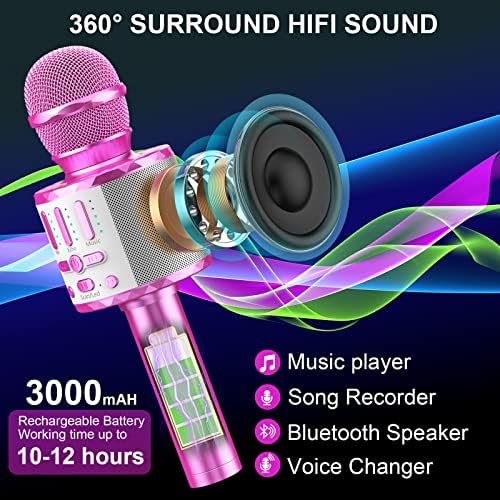 Детски караоке микрофон Creattop, Безжична Bluetooth Led Микрофон за пеене, Портативен Говорител с микрофон
