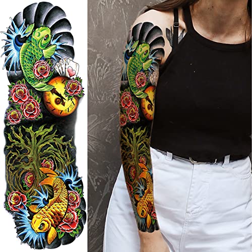 Реалистични Цветни Временни Татуировки На Ръкавите, Акварел Татуировка на цялата ръка във формата На Риба Кон за Хелоуин,