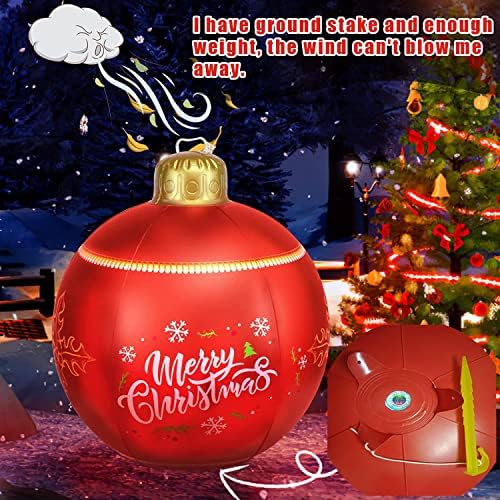 Надуваем Коледна Топка от PVC с led подсветка, 24-Инчови Външни Коледни Украси, Надуваем Балон от PVC, с Помпа за дома (Червен)