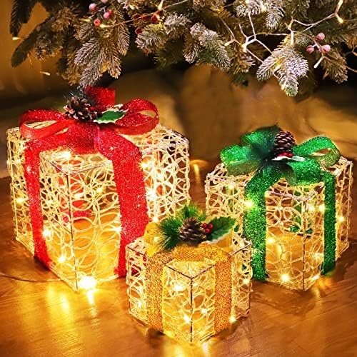 [Супер големи 12 -10-8] 3 опаковане на Коледни 60 led подарък кутии с осветление, Орнаменти, Прозрачна Акрилна Адаптер с подсветка, Подарък Кутия, борови иглички, Коледна д?