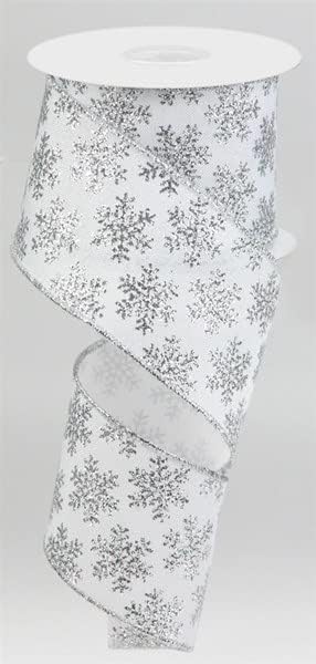 Панделка с тел, остриета във формата на Блестящи Снежинки - 10 Ярда (Бяла, сребриста, 2.5 инча)