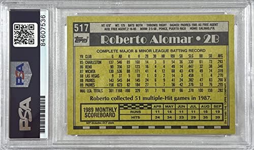 Роберто Аломар авто 1990 Topps 517 MLB Сан Диего Падрес PSA В капсула