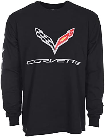 Мъжки t-shirt Chevy Corvette C7 с дълъг ръкав JH DESIGN GROUP Черен на цвят с Логото Отпред, Отзад и на ръкавите