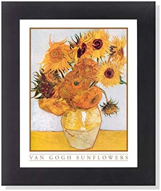 Арт принт Слънчогледи на Винсент Ван Гог 8x10 с Елегантен Златен кант и текст в Черна рамка и Стъкло