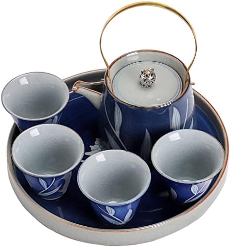 YXBDN Синьо-Бял Чай Комплект ръчно изработени, Божур, Керамичен Чайник със синя Глазура, 1 Гърне, 4 Чаши, Чай Комплект за Чайна