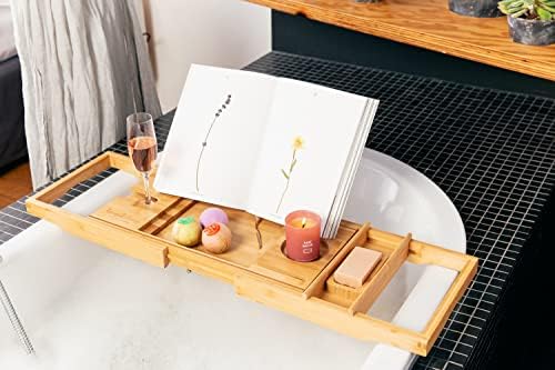 TranquilBeauty Premium Bath Caddy | Шкаф за баня с iPad, таблета и телефон | Разтегателен Дървен Поднос За баня