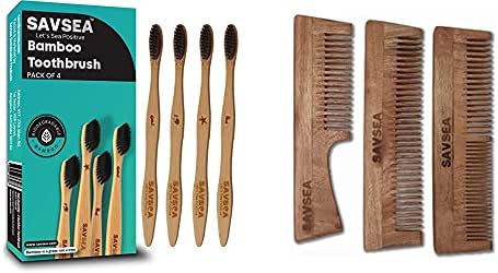 Четка за зъби SAVSEA с бамбуковым въглища и мека четка (4 бр) и Дървена четка за коса Neem за Мъже и Жени, комплект