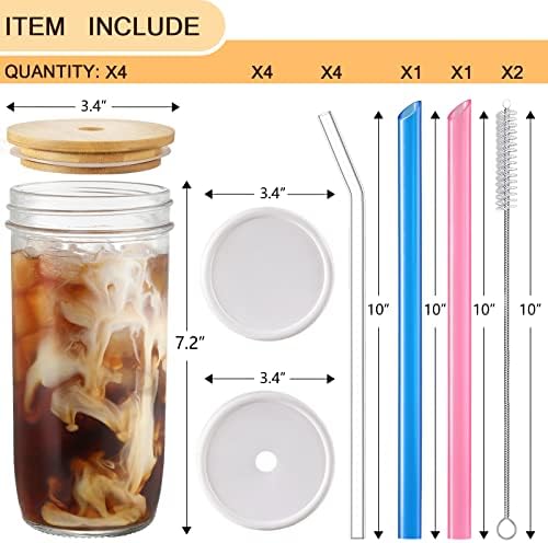 Комплект Стъклени чаши от 4 опаковки - Банка Мейсън обем 24 грама с бамбукови капаци, стъклен соломинкой и 2 Затегнати Капачки - Красиви Чаши Boba за пиене, Множество бут
