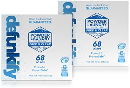 Прах за пране Defunkify Powder, неразтворимо и прозрачен - Сертифициран от EPA Safer Choice - За спортни облекла и само бельо - 136 сваляния (2 кутии по 68 сваляния)