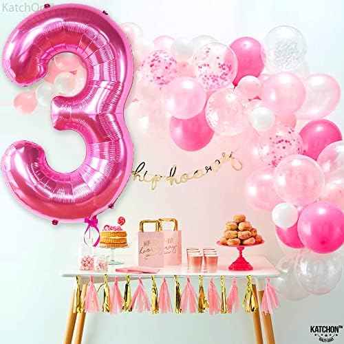 Катчон, Розов балон с номер 3 - 40 Инча | Ярко-Розов балон с 3 топки за рожден Ден | Декорация на 3 рожден ден за Момичета, 3 балон с номер | 3 Декорация за рожден Ден за Моми?