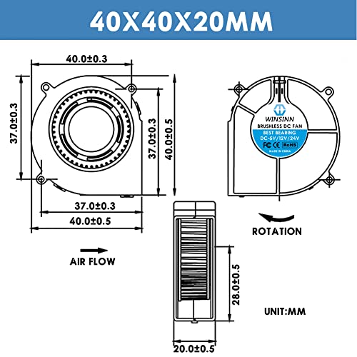 WINSINN 40 мм Вентилатор Вентилатор 24, 3D Принтер Micro 24 Вольтовые Вентилатори Вентилатор 4020 с двойно шарикоподшипником, 40 мм x 20 мм 2PIN (опаковка от 4 бр.)
