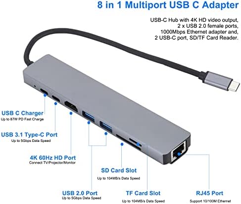 Docooler Многофункционален 8-в-1 C USB Хъб Type-C Hub Адаптер Докинг станция Многопортовый Адаптер с 4K HD RJ-45 на USB 2.0 PD кабел за зареждане порт Съвместим с PC, Лаптоп, телевизор