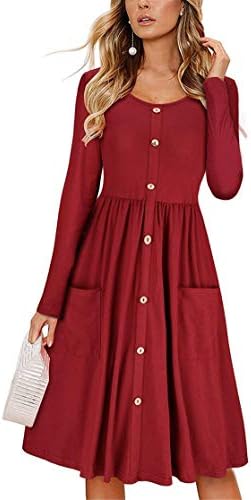 Жена плиссированное рокля Andongnywell Однотонного на цвят, с кръгло деколте и джобове за копчета и изгорени джобове с Дължина до коляното