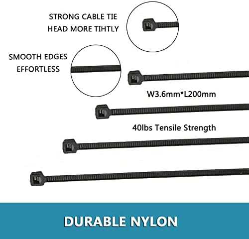 8-Инчов кабелни превръзки с цип Черно (100 бр), ширина 3.6 мм * L200 mm якост на опън 40 паунда - Тежкотоварни,