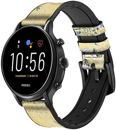 CA0249 Ретро Кожена Каишка за умни часовници с Цветя за Fossil Hybrid Smartwatch Нейт, Hybrid HR Latitude, Размер на хибридните интелигентни часа (24 мм)