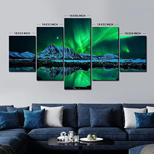 Aurora Borealis Стенен Декор 5 Бр. Платно на Стенно Изкуство, Зелено Сияние Пейзаж Картини за Хола 80x40 , Страхотни