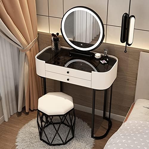Модерен Тоалетка с огледало с осветление, Тоалетка за грим в спалнята, Мека табуретка, 2 Големи кутии с черни плотове