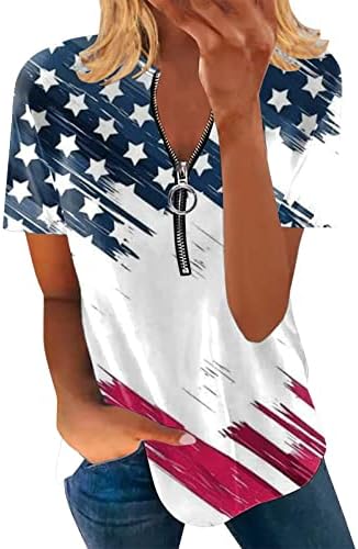 2023 Женска Тениска с Американския Флаг, Блузи с Цип Наполовина за Жени, Модни Патриотични Фланелки с Къс Ръкав, Елегантни Ежедневни Блузи