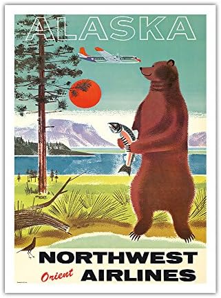 Аляска - Northwest Orient Airlines - Кадьяк, Аляска Кафявата Мечка Гризли - Ретро Туристически плакат на 1960-те години - Художествена печат 12 инча x 18 инча