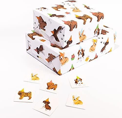 CENTRAL 23 - Бяла Амбалажна хартия - Кучета шапки - 6 Листа опаковане на подарък за рожден Ден - Празник - За