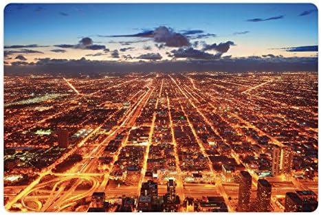 Подложка за домашни любимци Ambesonne City за храна и вода, Панорама към центъра на Чикаго от Птичи поглед