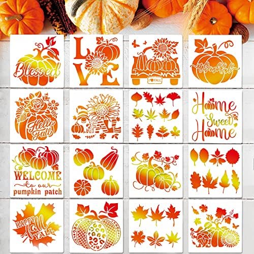 16 бр. Набор от Есента на Шаблони 7,9x7,9 инча, Добре Дошли, Есенни Листа, за Многократна употреба на Листа, Тиква в Деня на Благодарността, Шаблони за Рисуване върху Дърв