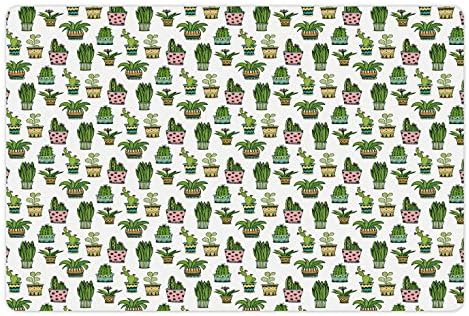 Подложка за домашни любимци с кактусом Ambesonne за храна и вода, Разноцветни Саксии със Свежи Саксийни растения и Шарките