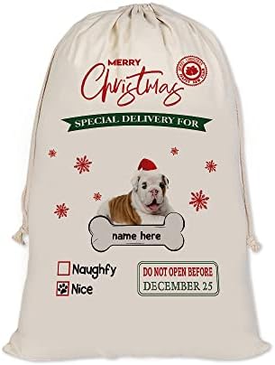 BAGEYOU Персонализирани Чанти на Дядо Коледа за Кучета, Прекрасен Английски Булдог, Чанта на Дядо Коледа за Коледа подарък с Завязками от Памук и Лен 19,5 x 31,5