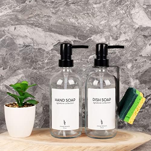 Комплект стъклени Дозаторов за сапун за ръце и съдове Onsogi с притежателя на гъба за Кухненски мивки, Черни Пластмасови