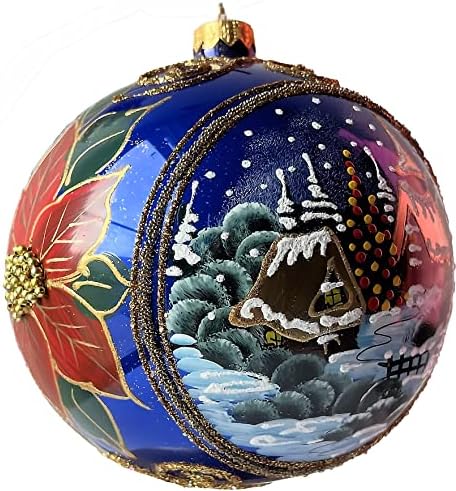 Коледна украса Полски галерии, Зимен Ден с Червена Пуансеттией, Топчета от Бластване стъкло (тъмно синьо, 150 мм)