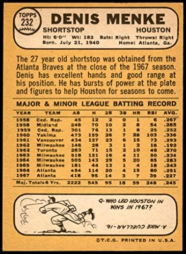 1968 Topps # 232 Денис Менке Хюстън Астрос (Бейзболна картичка) NM+ Астрос