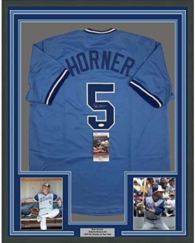 Бейзболна майк в рамка с автограф /с Подпис на Боб Хорнера 33x42 Атланта Светло Синята JSA COA