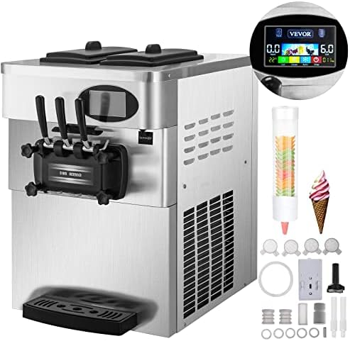 Производител на мек сладолед VEVOR, Търговска машина за приготвяне на сладолед с мощност 2200 W за дома, Настолна Машина за сладолед обем от 5.3 до 7.4 Литра / Ч с Предварите?