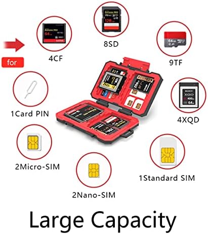 34 Слот за карта памет, Калъф-портфейл за 8 карти SD SDHC, SDXC и 12 TF карти с памет microSD, 1 ПИН-кода на картата, 2 Нано СИМ, 2 Micro SIM карта 1 SIM карта и 4 CF или 4 XQD карти-водоустойчива,