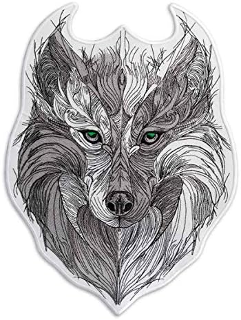 Tribal Вълк със Зелени очи, Бродирани Желязна нашивка (7 x 9,5, сив)