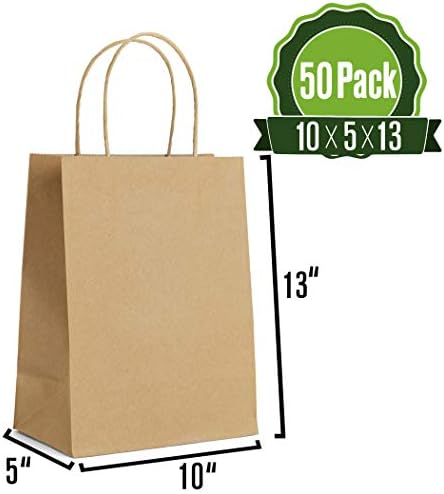 Хартиени торбички на едро с дръжки 10 X 5 X 13 [50 опаковки]. Идеален е за пазаруване, опаковки за търговия на