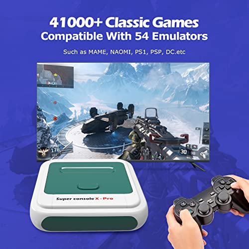 Игрални конзоли Kinhank в ретро стил Console Super X Pro, вмещающая над 41 000 игри, съвместима с эмуляторами PS1 / PSP / MAME и т.н., Детска система за 4K TV HD / AV-изход, Wi-Fi / LAN, с две безжични ?