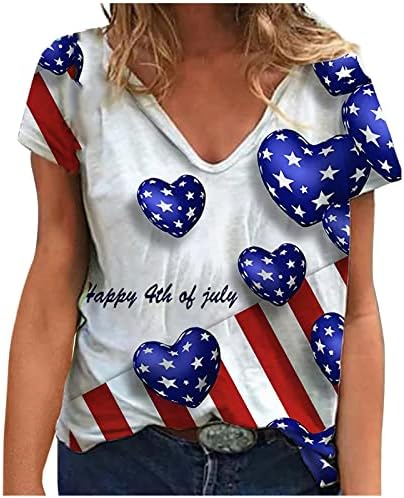 Женска Тениска с Американския Флаг, Върхове с Принтом в Звездната ивица на САЩ 4 юли, Тениски с V-образно деколте и Къс ръкав,