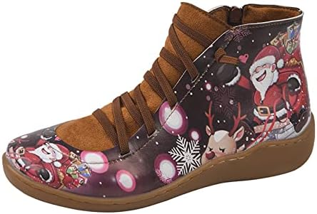 Дамски Ботильоны От изкуствена кожа с Коледните принтом, Универсална обувки, Обувки на платформа С шнур и страничен цип, Зимните обувки от телешка кожа