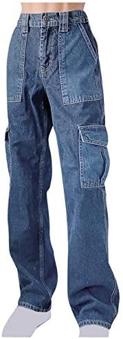 Выстиранные Тъмни дънки с висока засаждане с множество джобове, Дамски панталони Denim, Дънки с джобове, Спортни дамски дънки големи размери