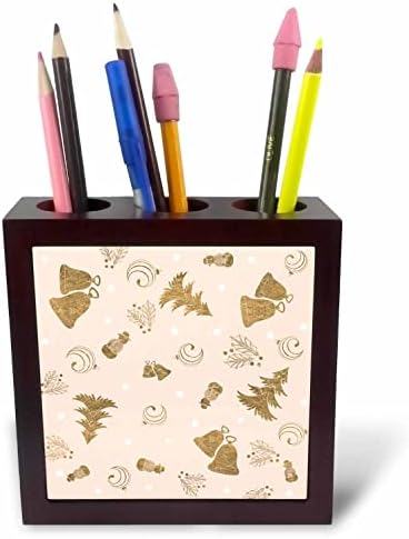3D-изображение на персиково-розов цвят със златни коледни коледни елхи, звънци, vi, - Поставки за писалки за плочки